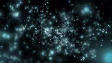 Parlak turkuaz parçacıklar siyah bir arkaplan üzerinde kıvrılarak büyüleyici bir kozmik sahne yaratırlar.
