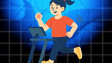 Animasyon kadın sağlıklı yaşam tarzını seviyor, şık geçiş efektleriyle koşu bandında koşuyor.