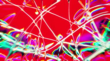 Kırmızı zemin üzerinde hareket eden renkli yanardöner çizgiler soyut ve dinamik bir görsel oluşturur