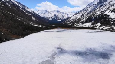 Görkemli, karla kaplı dağlarla çevrili nefes kesici donmuş göl manzarasına bakın. Medya