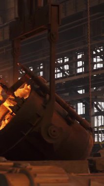 Çelik fabrikasındaki dev bir kepçeden parlayan erimiş metal.