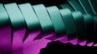 Teal metalik kurdeleler aşağıdan gelen mor bir ışık kaynağı tarafından aydınlatılan bir dalga hareketinde akar.