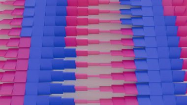 Pembe ve mavi küpler dinamik ve soyut bir zemin oluşturur. Dalgalar düzgünce hareket eder.