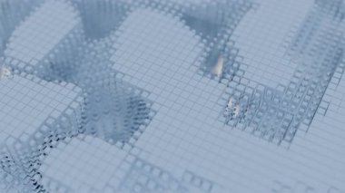 Açık mavi küpler sürekli değişen ve gelişen dinamik bir manzara yaratıyorlar.