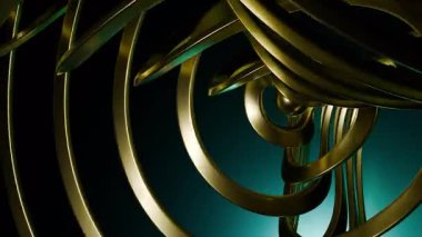 Altın metalik halkalar deniz mavisi arkaplanı üzerinde pürüzsüzce dönerek büyüleyici bir soyut görüntü oluşturur.