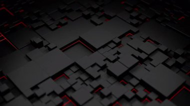 Kırmızı çizgilerle hareket eden siyah küpler soyut bir teknolojik arkaplan oluşturur