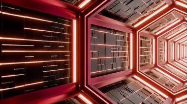 Kırmızı ve turuncu neon ışıklar altıgen bir koridoru aydınlatır