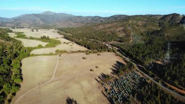 Yüksek irtifa hava manzarası tarlaları, ormanları ve uzak dağlarla geniş bir kırsal alan gösteriyor.
