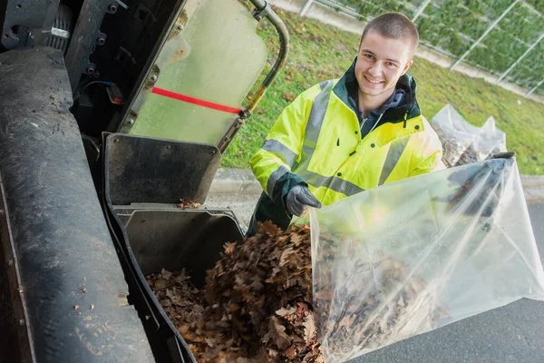 Portrait Dustman Collecting Leaves — Stock Photo, Image