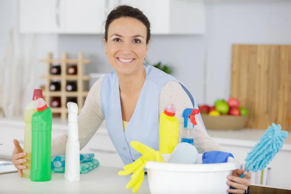 Happy Woman Wearing Uniform Cleaning Company Office — Stock Photo, Image