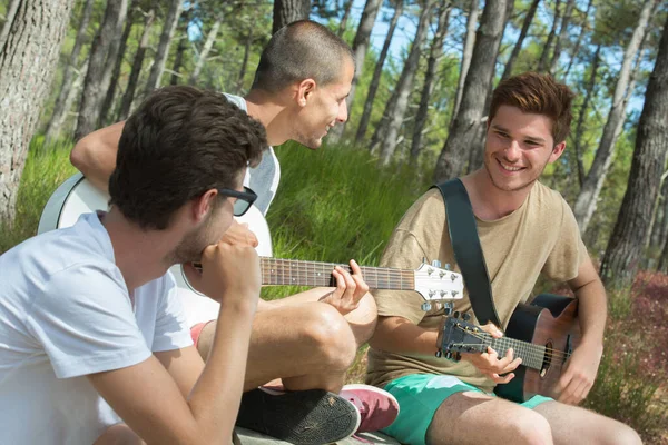 Des Jeunes Hommes Assis Dans Les Bois Jouant Guitare — Photo