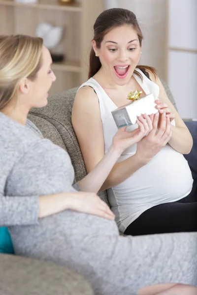 Retrato Una Joven Embarazada Feliz Sosteniendo Caja Regalo — Foto de Stock