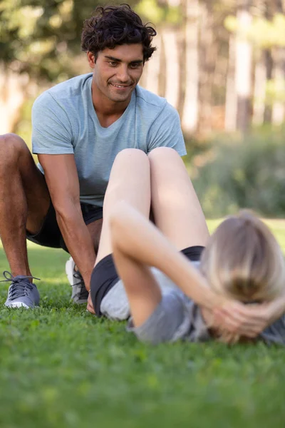 Fitness Couple Exercising Sit Grass Summer — 图库照片