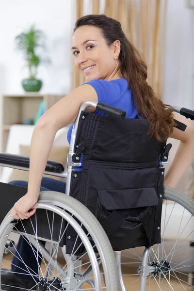 Happy Woman Wheelchair Home — Stock Photo, Image