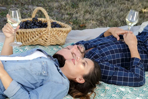 Lächelndes Paar Liegt Mit Weingläsern Freien — Stockfoto