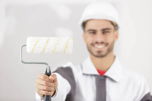 Happy Painter Holds Painting Roll — Stock Photo, Image