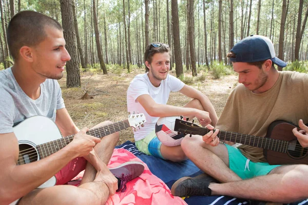 森の中でギターを弾く3人の少年 — ストック写真