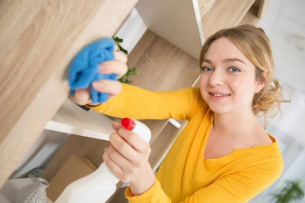 Retrato Positiva Jovem Dona Casa Limpeza Com Suprimentos — Fotografia de Stock