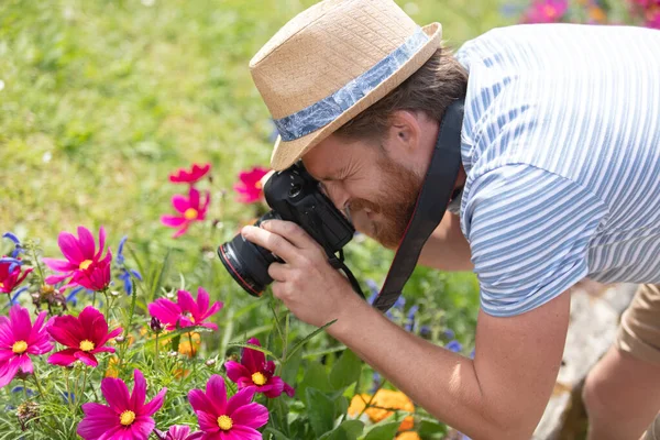 Fotógrafo Está Tirando Fotos Flores — Fotografia de Stock