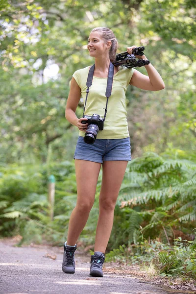 女孩在森林里的无镜相机上拍照 — 图库照片