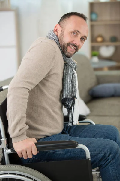 Smiling Businessman Sitting Wheelchair Home — Stock Photo, Image