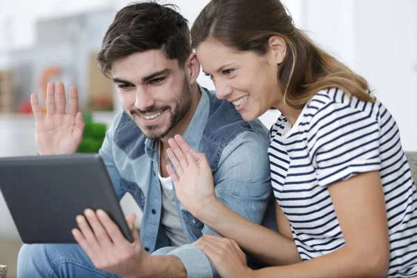 Young Cute Loving Couple Having Video Char — Stock Photo, Image