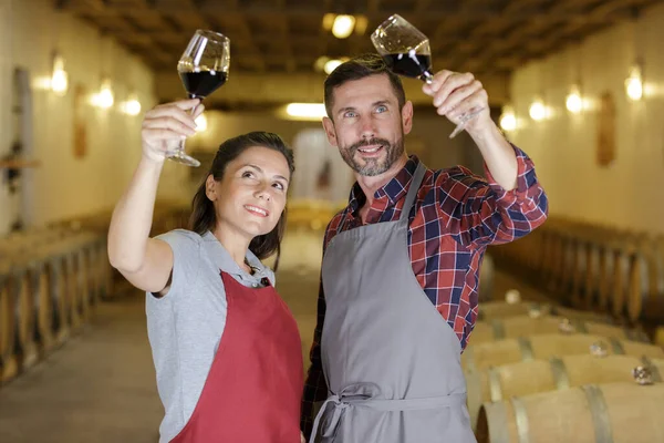 Şarap Üreten Çift Mahzende Şarap Teftişi Yapıyor — Stok fotoğraf