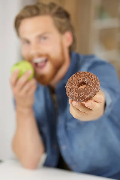 Man Donut Apple His Hands — Stock Photo, Image