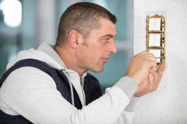 Electrician Installing New Current Socket Screwdriver — Stock Photo, Image