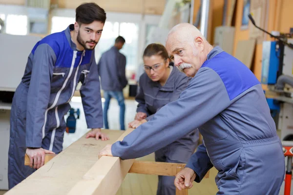 木工プロジェクトについて話し合う大工の訓練生 — ストック写真