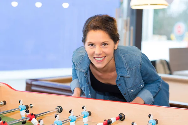 Portrait Woman Table Football Game — Stock Photo, Image