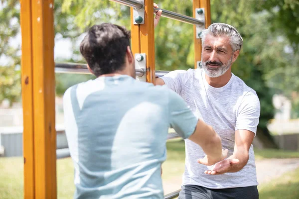 Happy Father Son Exercising Together Outdoors Park — Stock Photo, Image