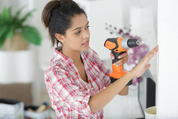 Beautiful Lady Using Cordless Drill Home — Stock Photo, Image