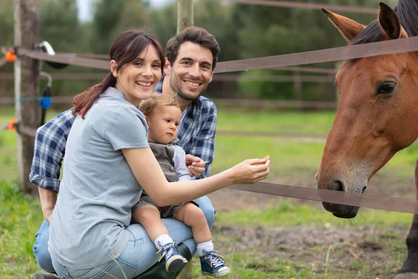 Felice Giovane Famiglia Con Bambino Accanto Suo Cavallo — Foto Stock