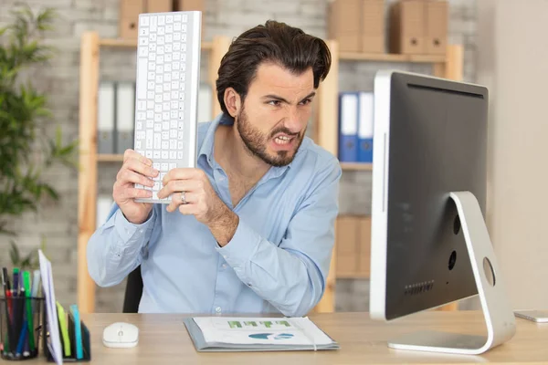 Unhappy Employee Screaming Mad Front Monitor — Stock Photo, Image