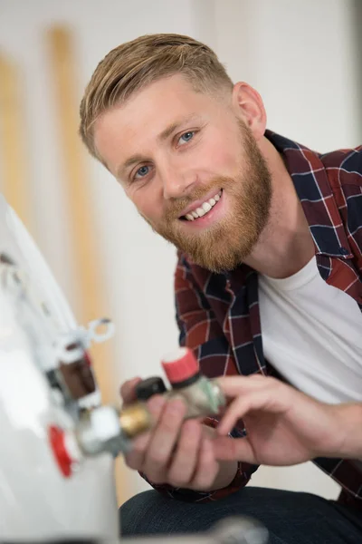 Male Plumber Working Central Heating Boiler — Stock Photo, Image