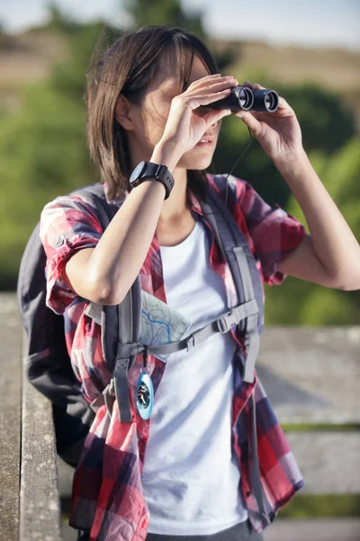 Portrait Beautiful Woman Binocular — Stock Photo, Image