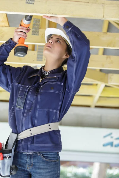 Young Woman Worker Carpenter Workroom — Stock Photo, Image