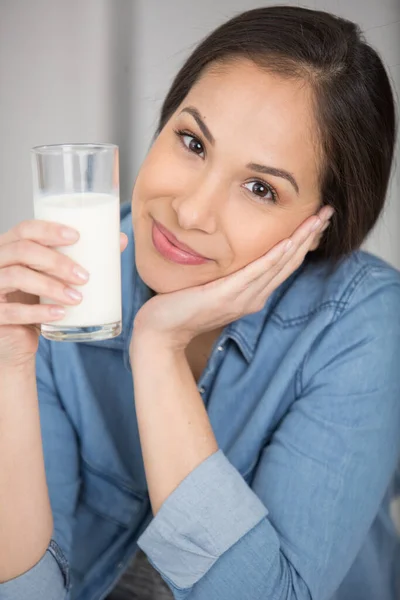 Happy Young Woman Drinking Milk — Stock Photo, Image