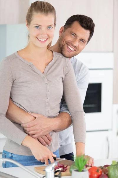Loving Couple Cooking Together Kitchen Home — Stock Photo, Image