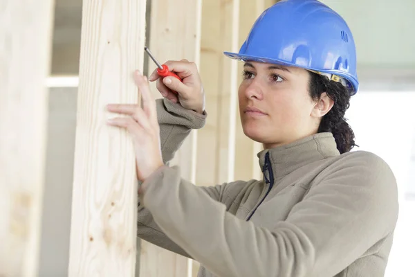 Atractiva Mujer Constructora Sonriente Con Herramienta —  Fotos de Stock