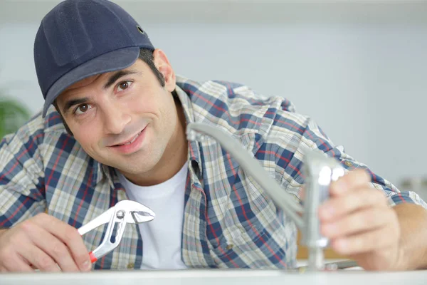 Man Fixing Tap Pliers Home Kitchen — Stock Photo, Image