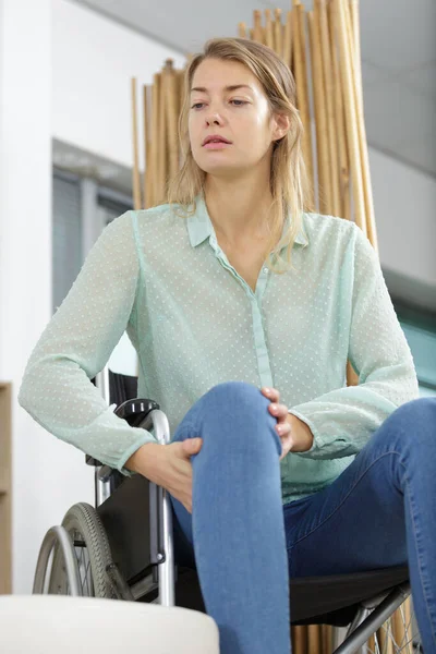 Woman Wheelchair Front Sofa Barrier — Stock Photo, Image