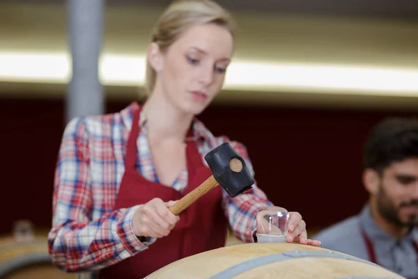 Şarap Evi Çalışanı Mahzendeki Ürün Kalitesini Kontrol Ediyor — Stok fotoğraf