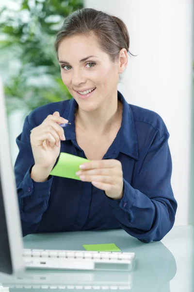Young Woman Write Notes Next Her Computer — Stock Photo, Image