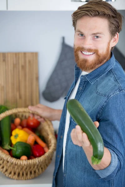 Portrait Attractive Guy Holding Basket Vegetables — Stock Photo, Image