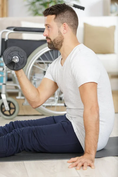 Young Handsome Disabled Man Barbell Dumbbells — Stock Photo, Image
