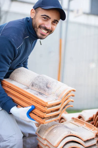 Foreman Holding Roof Tiles Checking Thatched — Stock Photo, Image