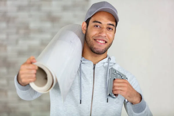 Young Man Doing Repairs Apartment Wallpapering — Stock Photo, Image
