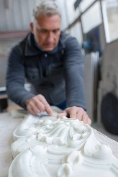 Mature Worker Carving Stone — Stock Photo, Image